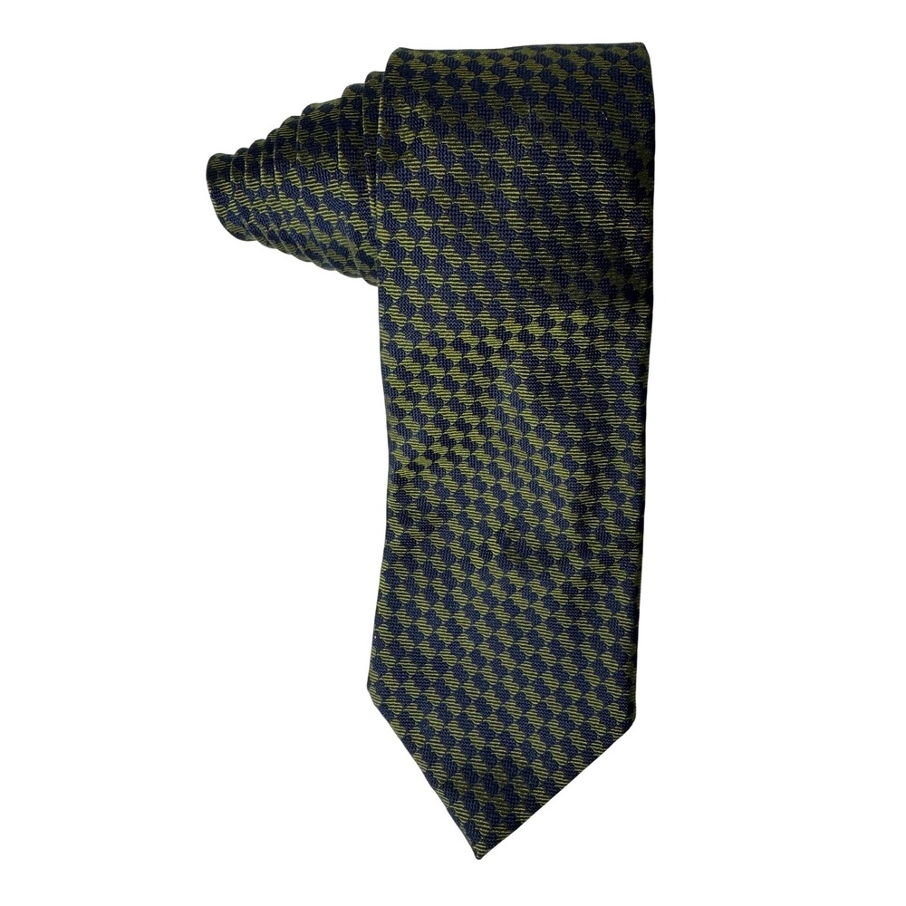 Battistoni Roma Mens Silk Tie Olive Green Navy Blue Geometric Checkerboard Italy
